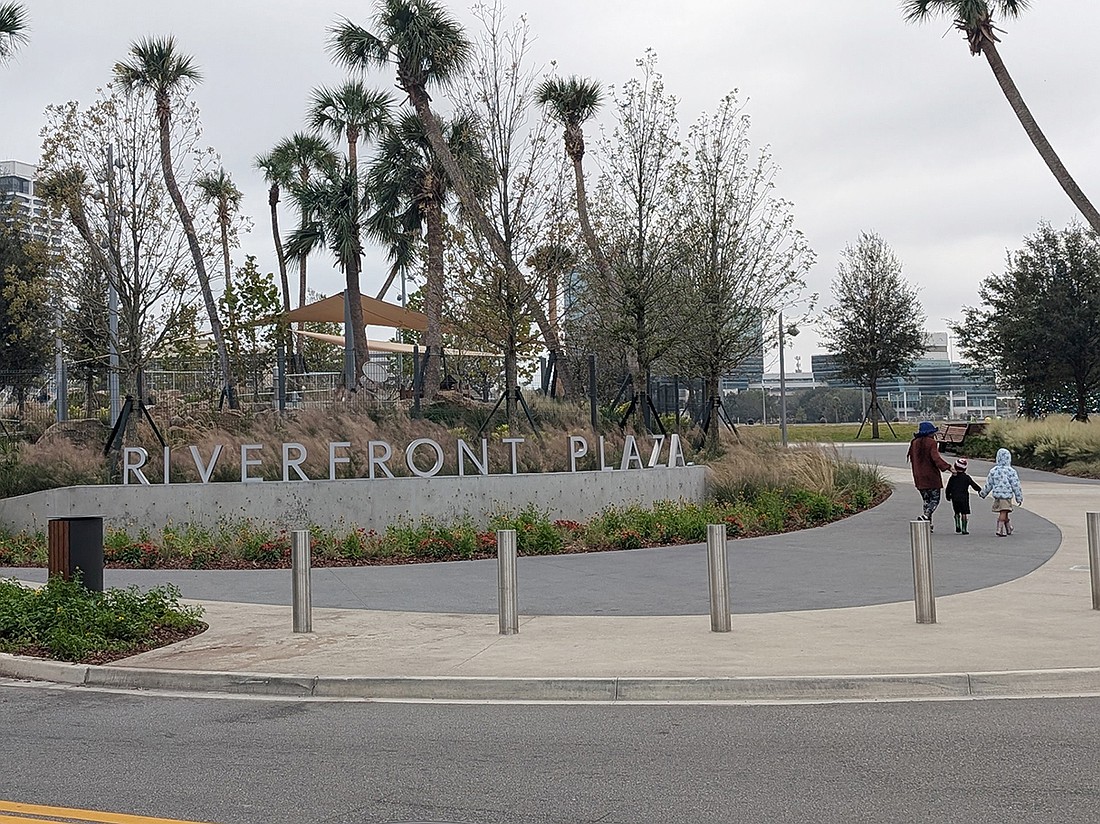 The entrance to Riverfront Plaza at Hogan Street and Independent Drive in Downtown Jacksonville. The park, which is partially complete, is on the former site of the Jacksonville Landing.