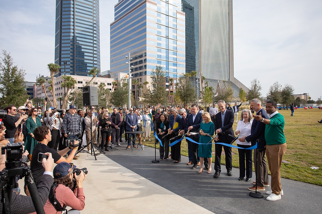 Jacksonville Mayor Donna Deegan and other officials cut the ribbon Dec. 5 to open Riverfront Plaza park, the former site of the Jacksonville Landing.