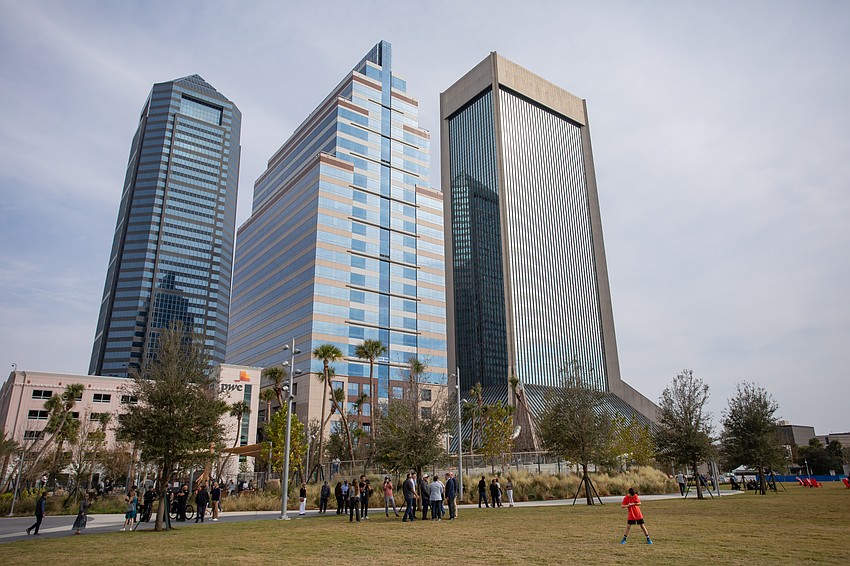 Riverfront Plaza park is near VyStar Tower, center, in Downtown Jacksonville along the St. Johns River.
