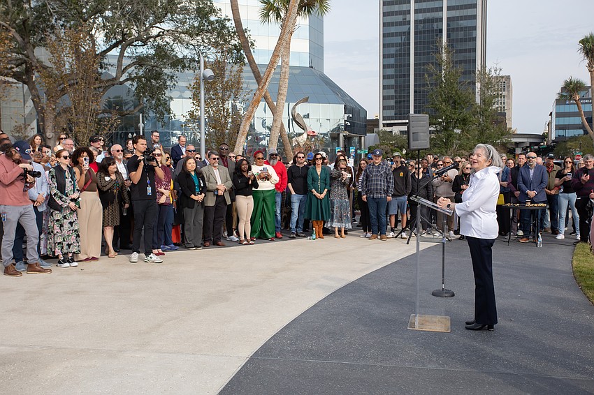 Former Downtown Investment Authority CEO Lori Boyer speaks at the opening of	Riverfront Plaza park Dec. 5 in Downtown Jacksonville.