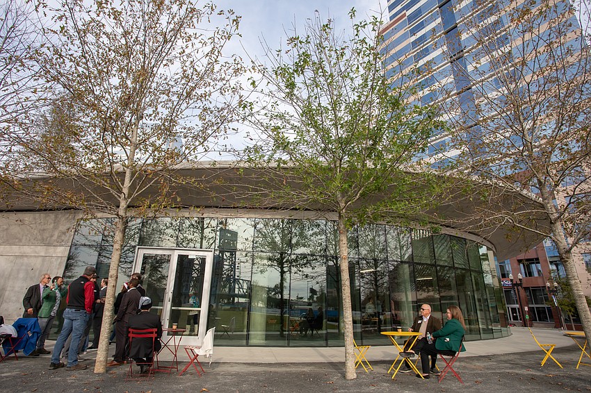 Riverfront Plaza park features a future restaurant area.