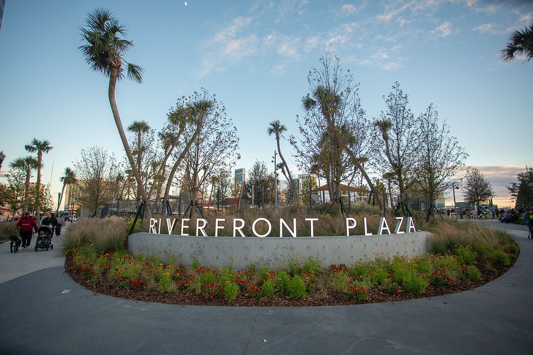 The entrance to Riverfront Plaza in Downtown Jacksonville near Hogan Street and Independent Drive.