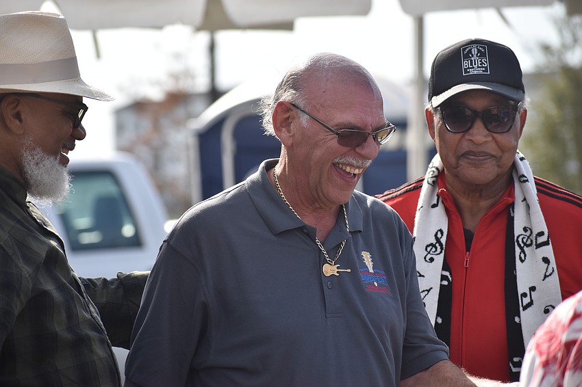Toronzo Cannon, event co-producer Paul Benjamin and Johnny Rawls gather backstage at the Lakewood Ranch Blues Festival prior to performances by Cannon and Rawls.