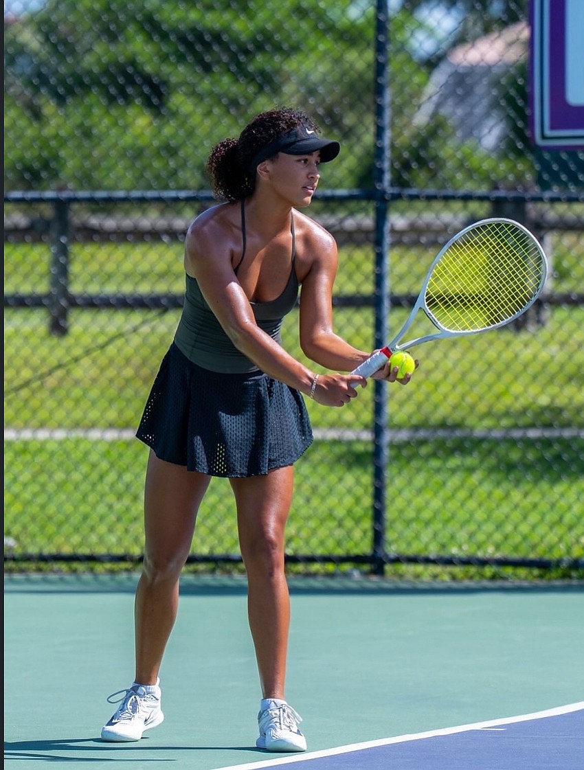Gabriella Rawles goes to begin her serving motion. The soon-to-be college freshman underwent surgery in January 2024 to repair a torn right labrum, and this year, has played her first full season since 2022.
