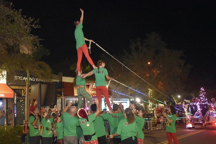 The Sarasota Ski-A-Rees Water Ski Show Team forms their signature pyramid.