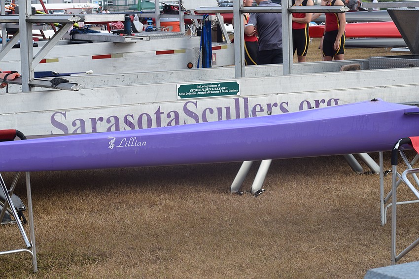 Sarasota Scullers is printed on one of their boat trailers. The Scullers' membership has more than doubled since head coach Bernhard Stomporowski took over in December of 2022. Sarasota Scullers is printed on one of their boat trailers. The Scullers' membership has more than doubled since head coach Bernhard Stomporowski took over in December of 2022.