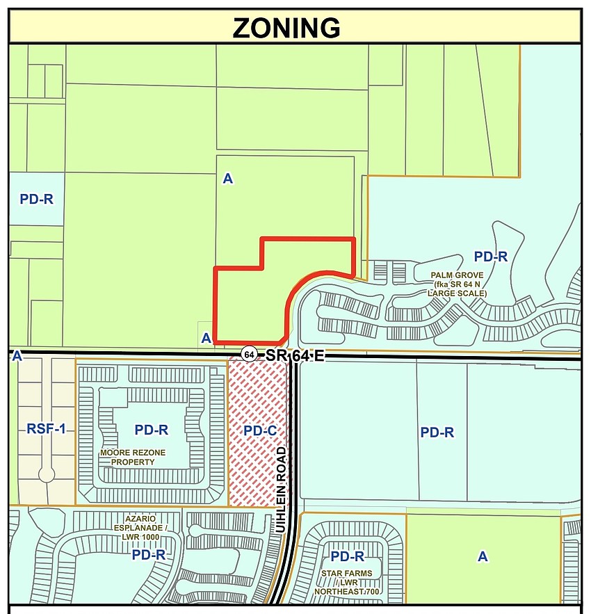 The red outline shows the proposed site for the commercial development that would have included a grocery store and self-storage facility, but the project was denied by commissioners. The red outline shows the proposed site for the commercial development that would have included a grocery store and self-storage facility, but the project was denied by commissioners.
