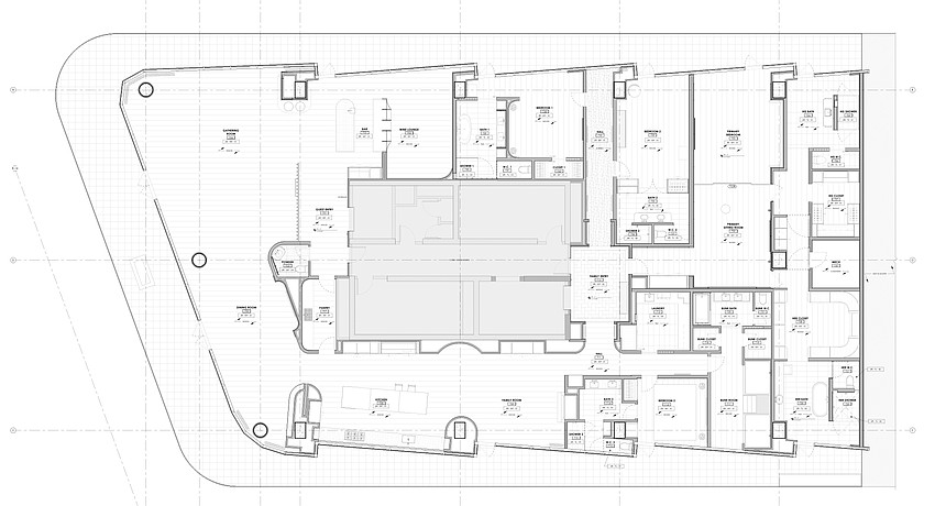 The floor plan for the 7,325-square-foot custom residence on the seventh level south unit of the 10-story Four Seasons Hotel and Residences in Downtown Jacksonville. The floor plan for the 7,325-square-foot custom residence on the seventh level south unit of the 10-story Four Seasons Hotel and Residences in Downtown Jacksonville.