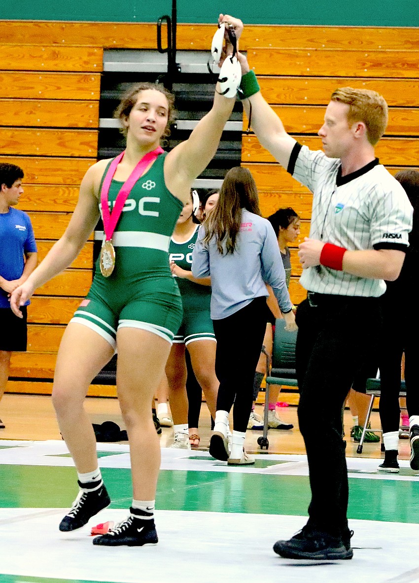 Alisha Vilar, here winning at the Flagler Rotary Girls Invitational on Nov. 25, also won the 155-pound title at the Let Freedom Ring tournament on Dec. 6. File photo by Brent Woronoff Alisha Vilar, here winning at the Flagler Rotary Girls Invitational on Nov. 25, also won the 155-pound title at the Let Freedom Ring tournament on Dec. 6. File photo by Brent Woronoff