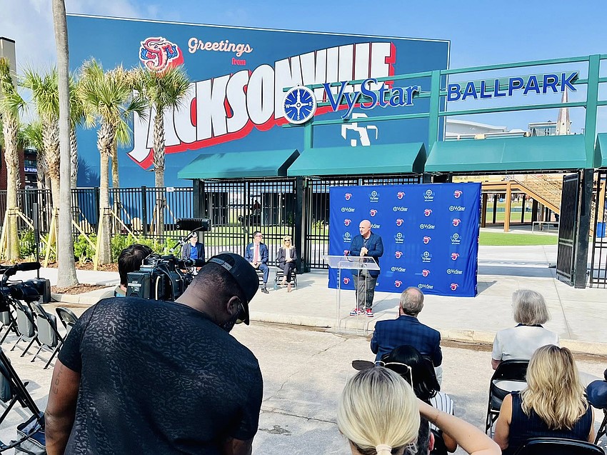 Jacksonville Jumbo Shrimp owner Ken Babby speaks at the grand opening for the new entrance at VyStar Ballpark on April 1, 2025. Jacksonville Jumbo Shrimp owner Ken Babby speaks at the grand opening for the new entrance at VyStar Ballpark on April 1, 2025.