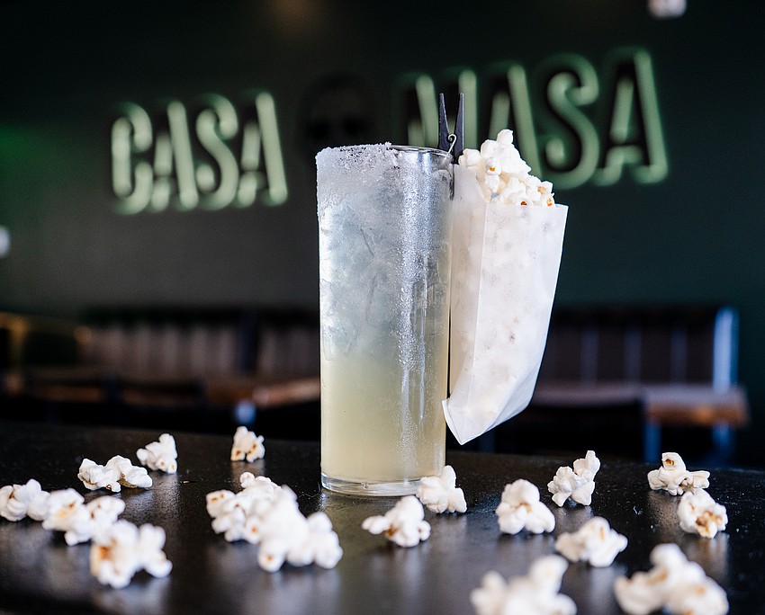 Casa Masa's corn Star cocktail (Nixta licor de elote, Jarritos Mineragua, fresh lemon juice, and a truffle popcorn sidecar).