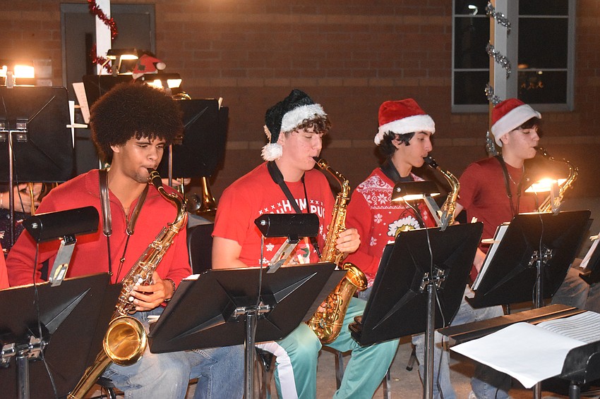 Charles Wilmott, Joshua Sallee, Jeremiah Dejesus and Zander Mason play saxophone as part of the Braden River High Jazz Band.