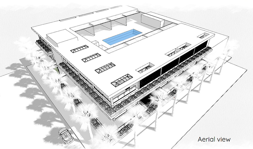 An aerial drawing of the proposed mixed-use building planned for the corner of N. Boulevard of the Presidents and Madison Drive show a pool with the roof cut out above. An aerial drawing of the proposed mixed-use building planned for the corner of N. Boulevard of the Presidents and Madison Drive show a pool with the roof cut out above.