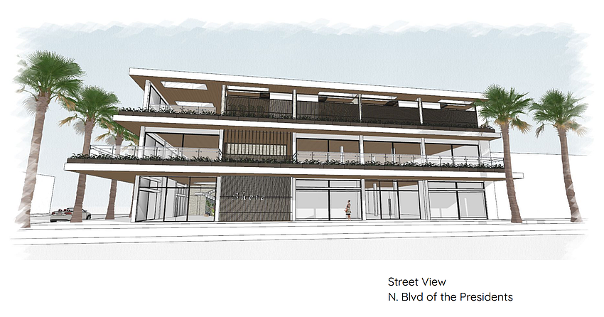 Tentative renderings for a proposed Shore Restaurant at St. Armands Circle show a modern facade and a three-story building with retail space, a restaurant and third floor residential units. Tentative renderings for a proposed Shore Restaurant at St. Armands Circle show a modern facade and a three-story building with retail space, a restaurant and third floor residential units.