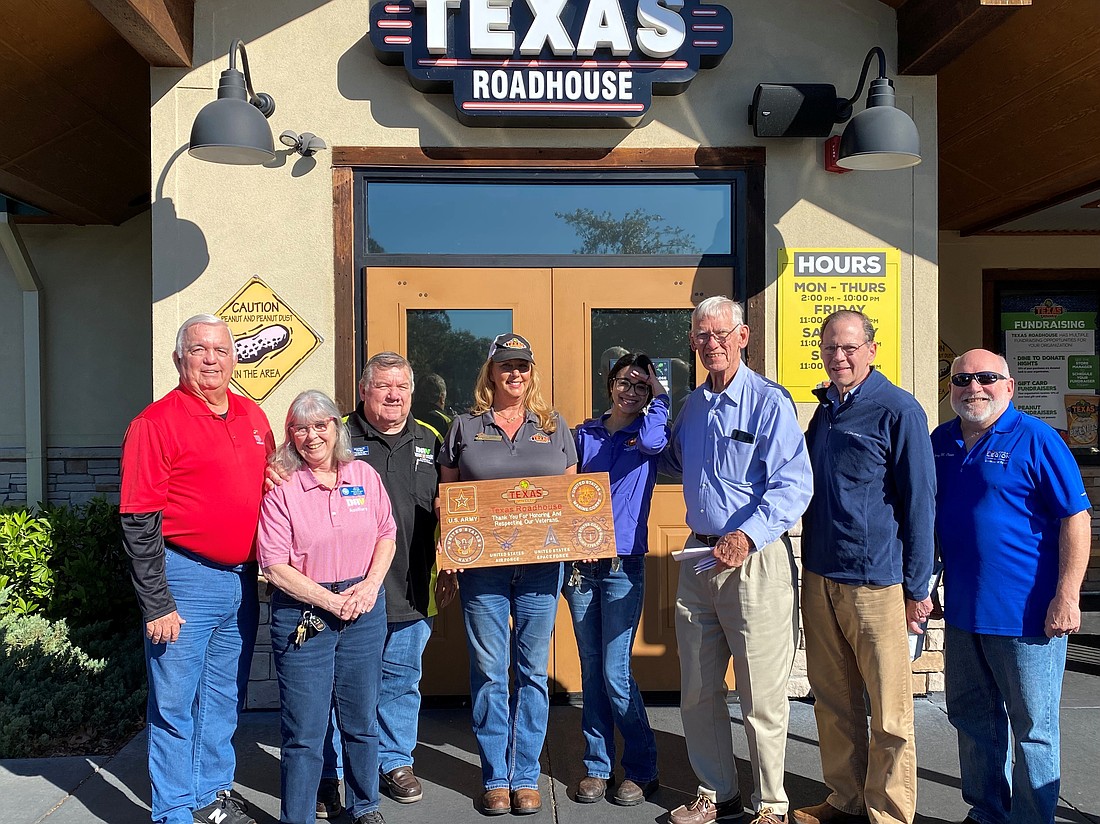 From left, Neal McCoppin, vice chair of the Flagler County Veterans Advisory Committee (VAC); Jenny Hanger, Auxiliary Disabled American Veterans Chapter 86; Charlie Hanger, VAC member; Debbie Pooler, Texas Roadhouse; Selena Flores, Texas Roadhouse; Jeff Kingdon, VAC chairman; David Lydon, Veterans Services officer; Gary Owens, VAC member. Courtesy photo