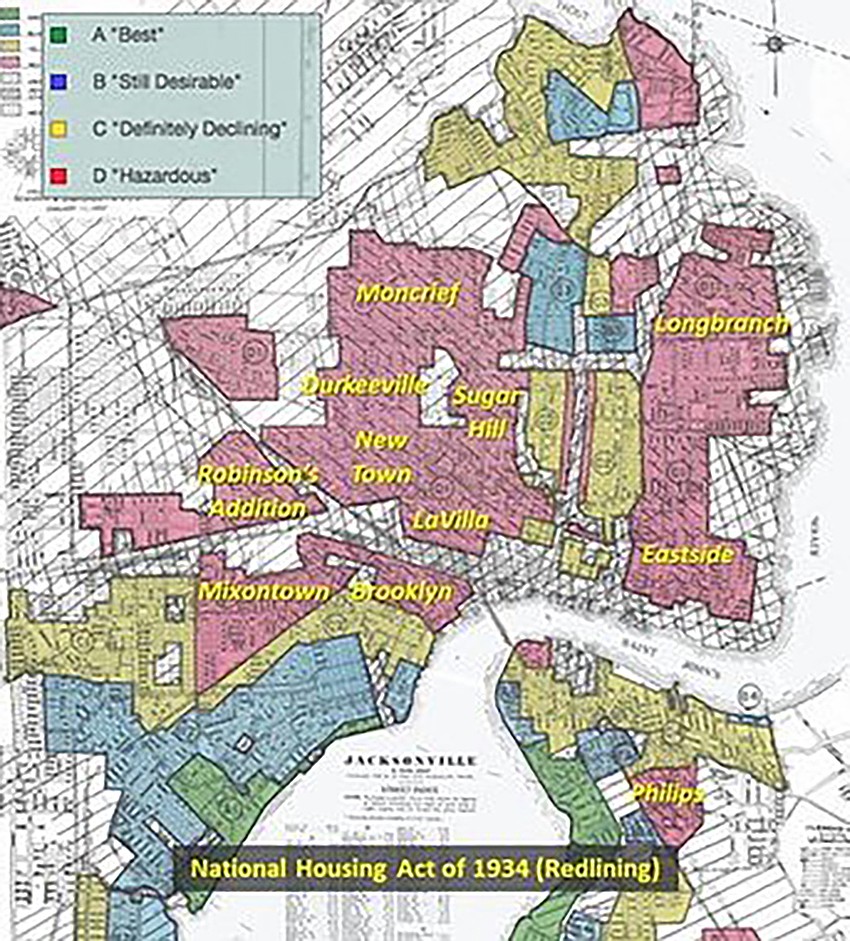 A map shows redlined areas of Jacksonville. Redlining is financial services discrimination of neighborhoods with minority or low-income populations.