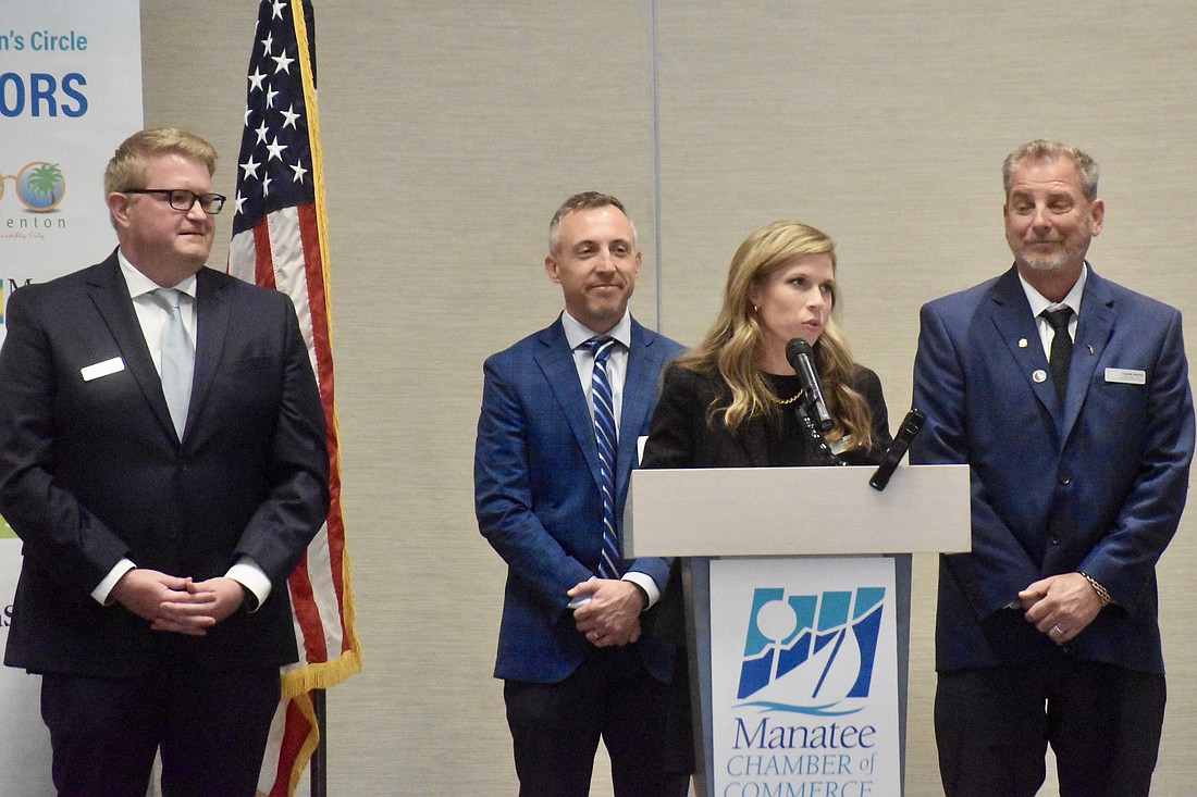 Manatee County administrators address the Manatee Chamber of Commerce Dec. 8. From left to right: Deputy county administrators Corey Stutte, Bryan Parnell, Courtney De Pol and County Administrator Charlie Bishop.