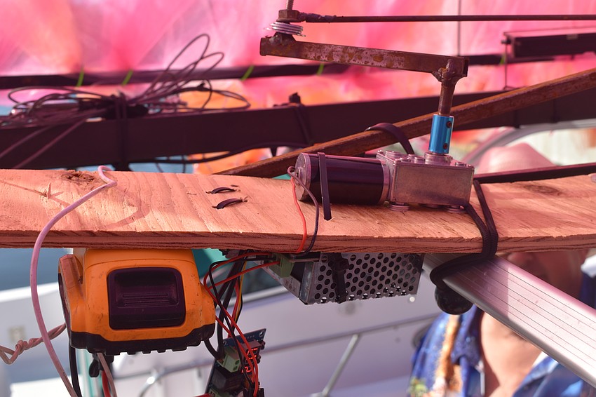 A small motor controls the wings on the flamingo Mark Hoffman built.