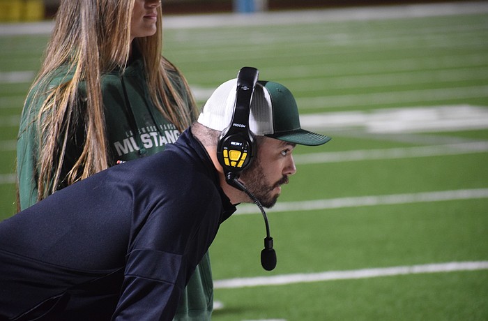 Lakewood Ranch High football coach Scott Paravicini looks on during an Oct. 30 game against Bayshore. Per the FHSAA's tentative classifications, the Mustangs are bound for Class 6A-District 12 after finishing the 2025 season at 4-6 in 6A-11.