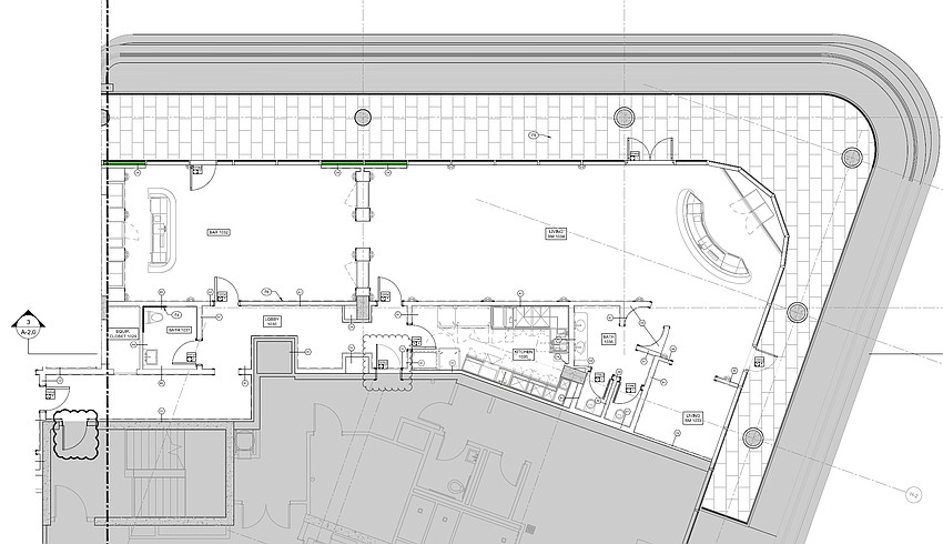 The right side of the penthouse at the top of the Four Seasons Hotel and Private Residences has a bar, kitchen, living room, bathrooms and a lobby. The right side of the penthouse at the top of the Four Seasons Hotel and Private Residences has a bar, kitchen, living room, bathrooms and a lobby.