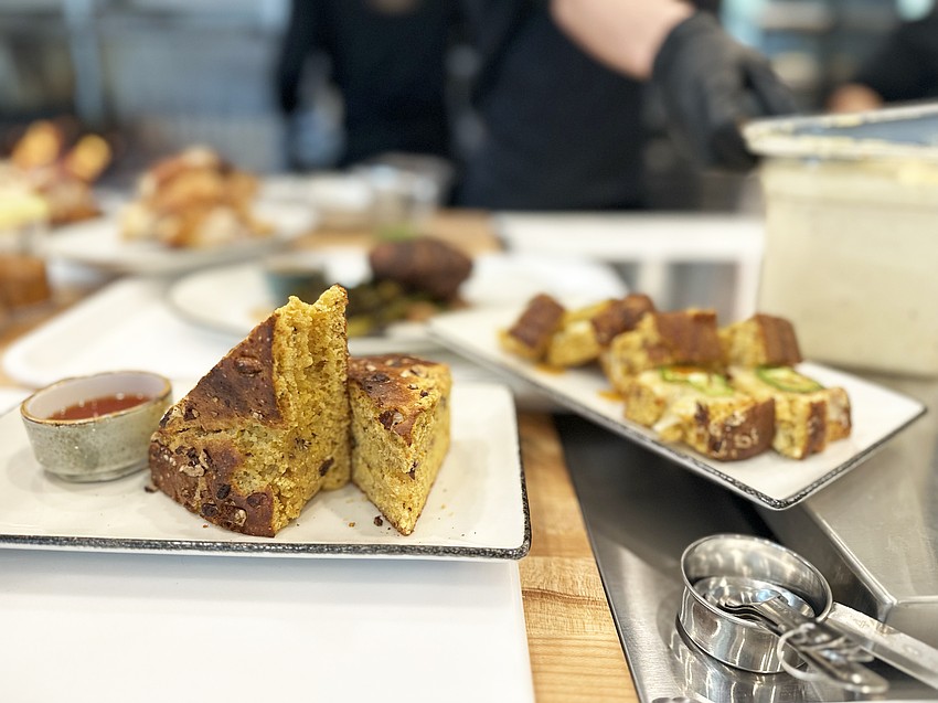 The Pecan Kitchen menu includes cornbread with hot honey. The Pecan Kitchen menu includes cornbread with hot honey.