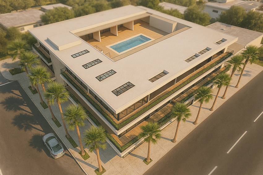 An aerial rendering shows plans to bring a courtyard style pool to the third floor of a new Shore Restaurant, cafe, clothing store and boutique hotel concept at St. Armands Circle.