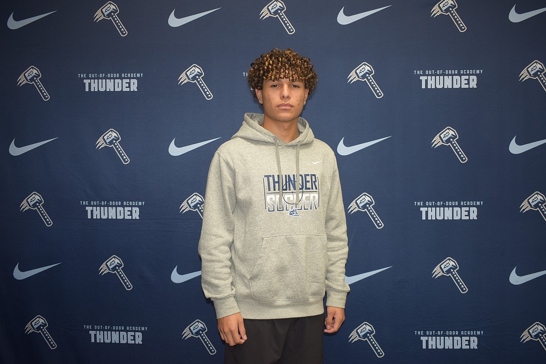 Andrew Carrillo poses for a photo on Dec. 16 at Out-of-Door Academy. He's been the go-to guy on attack for the Thunder throughout their 2025-26 season.