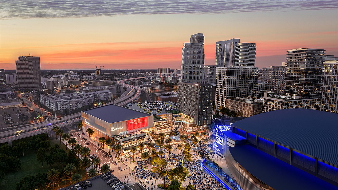 Plans call for a 4-acre entertainment district to be built in Water Street Tampa and across from Benchmark International Arena.