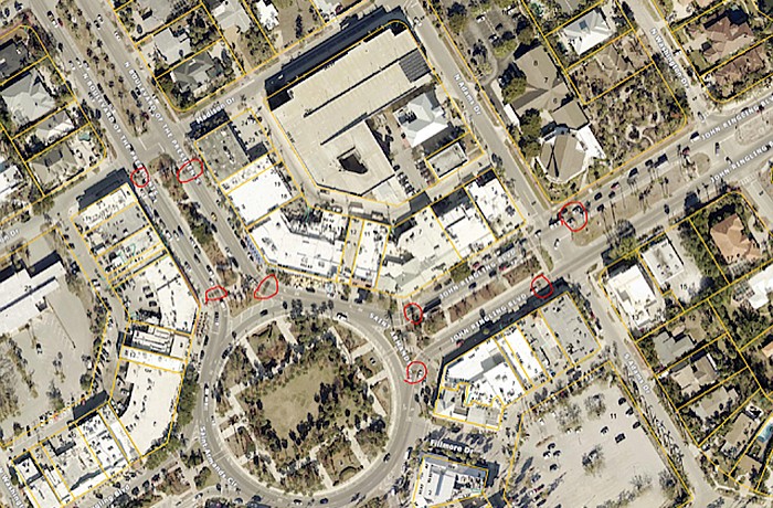 Locations of the new St. Armands speed tables are marked in red.