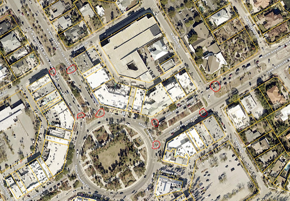 Locations of the new St. Armands speed tables are marked in red.