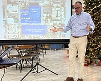 Todd Mathes of Benderson Development explains the company's plans for reimagining the former Sarasota County Administration Center site during a December 2025 community meeting.