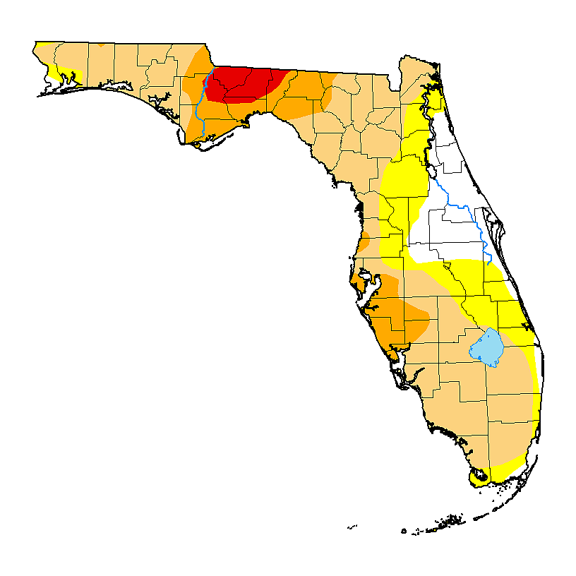 The U.S. Drought Monitor publishes maps showing the severity of droughts across each state. The Dec. 18 drought map of Florida show Manatee and Sarasota Counties in a sever drought (orange) and a part of the panhandle in an extreme drought. The light orange color signifies a moderate drought and white means there is not a drought.