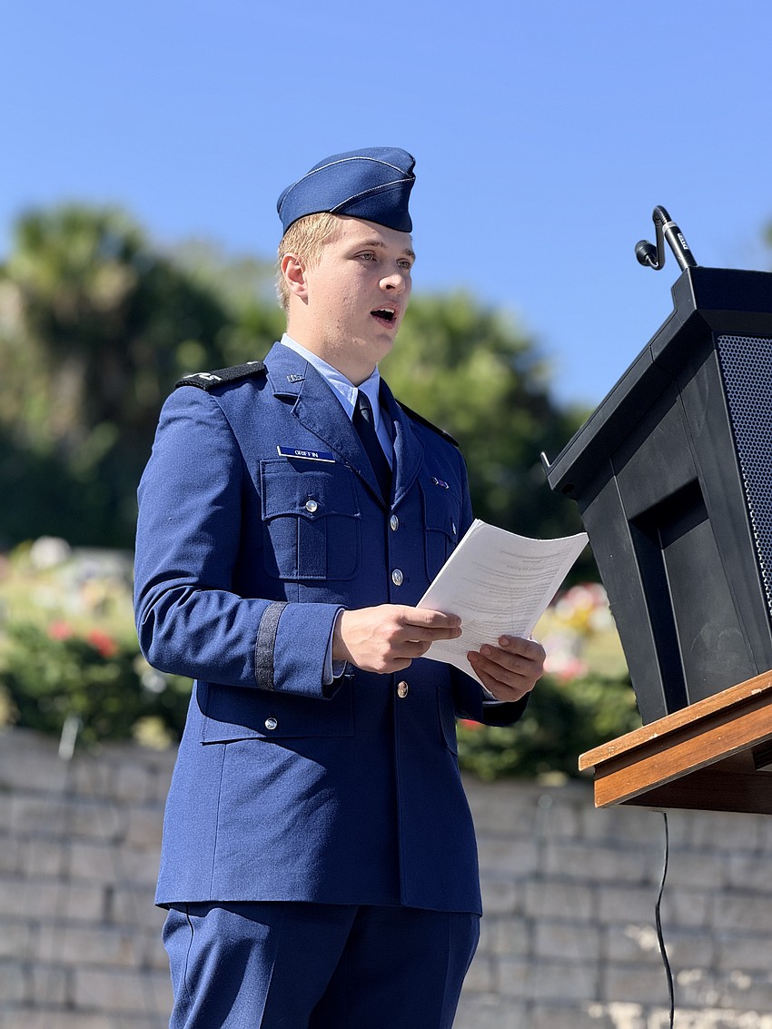 Former Ormond Beach Cadet and current U.S. Air Force Academy Cadet Reece Griffin delivers the official remarks during the Wreaths Across America program at the Daytona Memorial Park on Saturday, Dec. 13. Courtesy photo