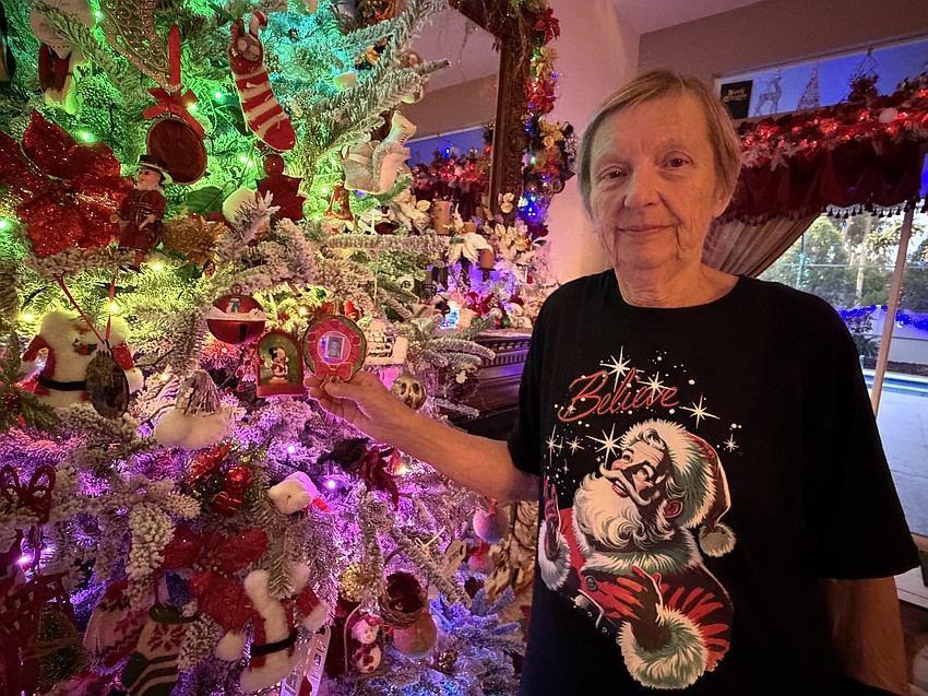 Every ornament on Marge Johnstone's live, flocked Christmas tree has a special meaning to her.