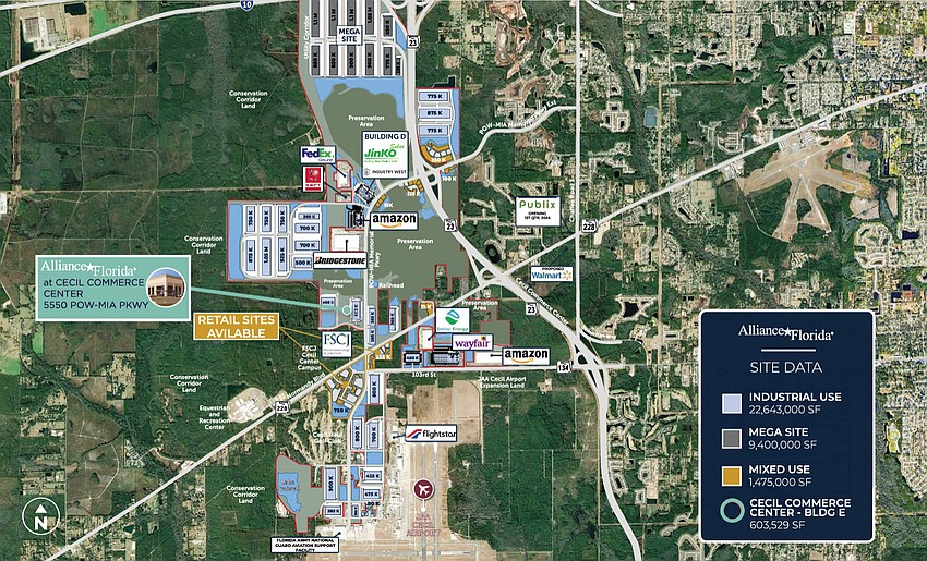 Hillwood's Building E at 5550 POW-MIA Memorial Parkway is on 45 acres at northwest POW-MIA Memorial Parkway and Finger Lake Street, north of the Florida State College at Jacksonville Cecil Center.