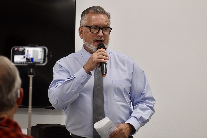 Mike Rahn, Manatee County commissioner and 2026 candidate for District 4, speaks to the Manatee Patriots Dec. 16.