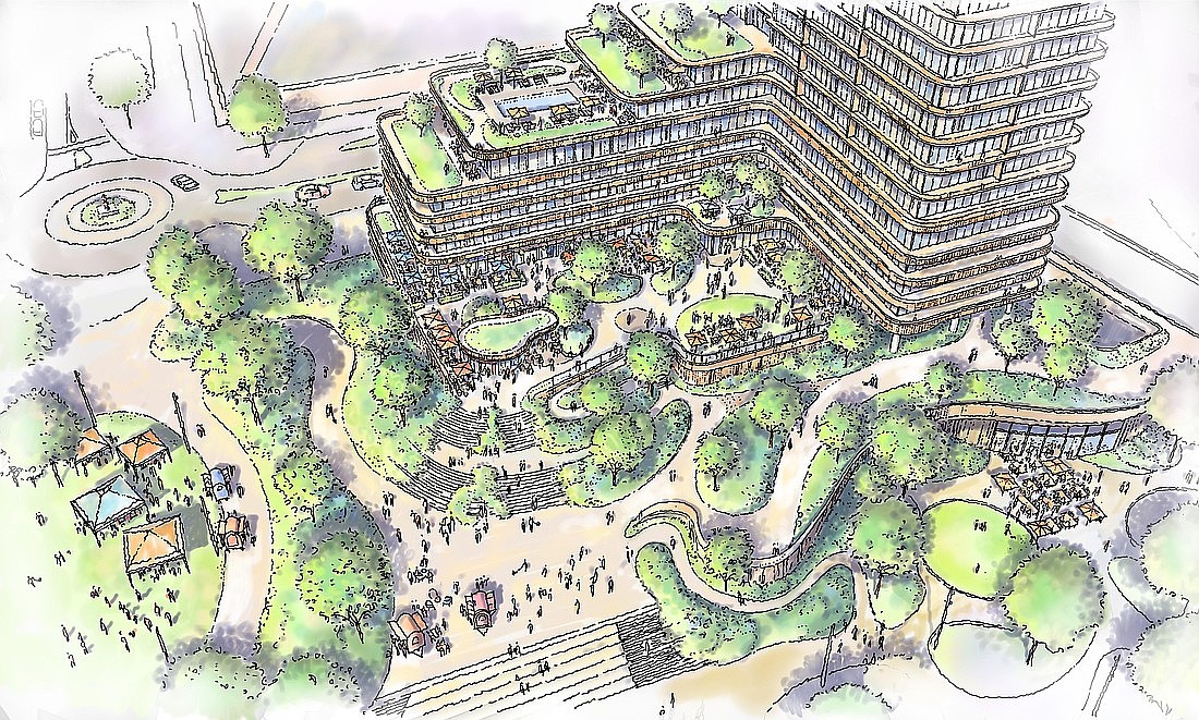 A rendering of a Gateway Jax development at Riverfront Plaza, the former Jacksonville Landing space in Downtown Jacksonville.