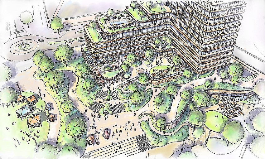 A rendering of a Gateway Jax development at Riverfront Plaza, the former Jacksonville Landing space in Downtown Jacksonville.