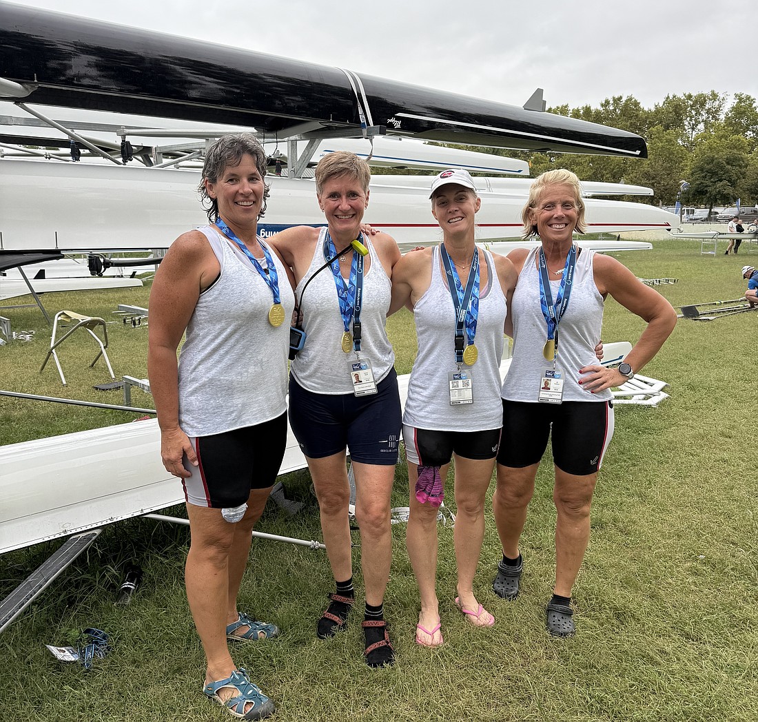 Dr. Sara Simmons (third from left) was on a winning team at the World Rowing Masters Regatta in Banyoles, Spain, in September 2025.