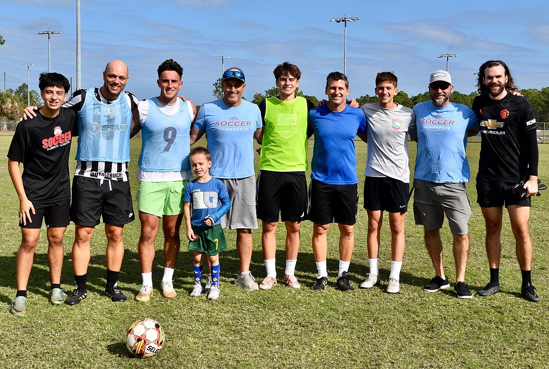 Sons and fathers: From left, Seabreeze senior Daniel Bom Conselho and father, 1999 alum Gus Bom Conselho; 2017 state champ Franco Perez and father, current Seabreeze coach Alex Perez with Alex's youngest son Blake; Seabreeze senior Luke Harrell with dad Jeff Harrell, a 1992 and 1993 state champ, and sophomore Athan Harrell; and former Seabreeze coach Rob Bowling and son Cameron Bowling, the goalie for the 2017 state champion team. Courtesy photo by Elaini Harrell.