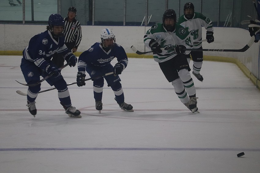 Carter Bagshaw (64) skates through the neutral zone in pursuit of the puck. He leads all Mustangs with 14 assists this season and also boasts a team-high 22 points overall. Carter Bagshaw (64) skates through the neutral zone in pursuit of the puck. He leads all Mustangs with 14 assists this season and also boasts a team-high 22 points overall.