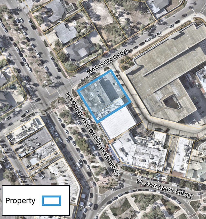 The site of the proposed Shore restaurant on St. Armands is shaded in blue.