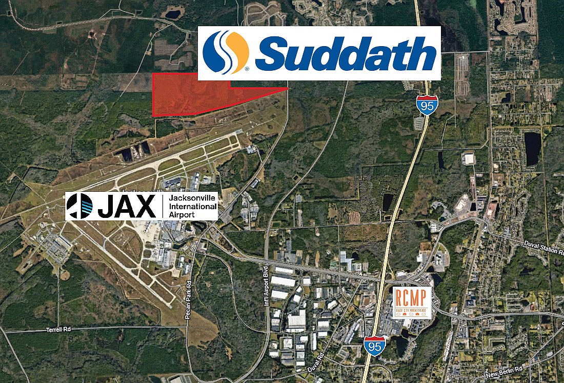 Airport Commerce Center is planned north of Jacksonville International Airport. Access to the property is from Pecan Park Road. Suddath Properties acquired 80.45 acres of the 268.6-acre site.
