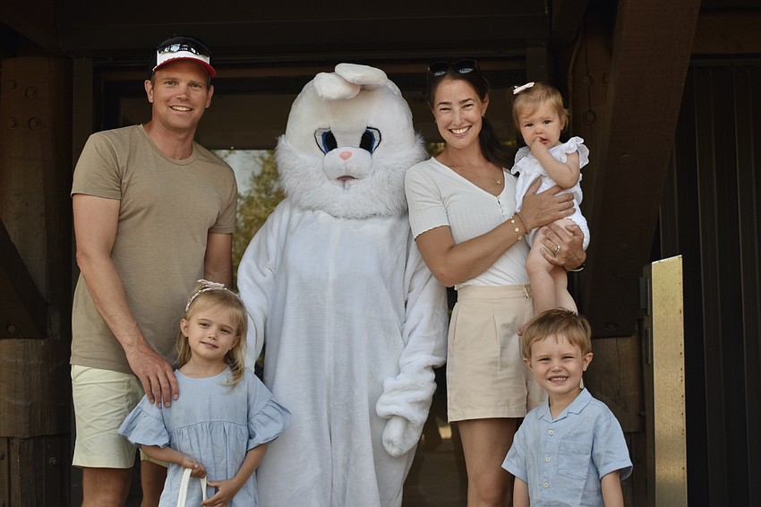 The Astad family including Tord, his daughter Sonia, 5, his wife Anne, his daughter Kaia, 10 months, and William, 3, meet the Easter Bunny at the Easter Egg Hunt in 2025.
