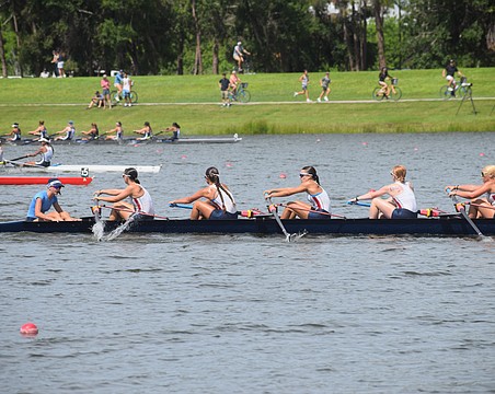 Sarasota Crew's championship-winning Women's U16 Eight boat races past opponents at Nathan Benderson Park in June 2025. The USRowing Youth National Championships are one of the biggest events on the local sports calendar for 2026.