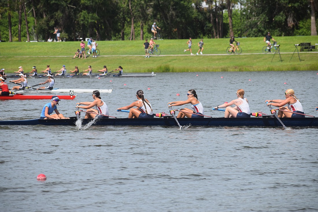 Sarasota Crew's championship-winning Women's U16 Eight boat races past opponents at Nathan Benderson Park in June 2025. The USRowing Youth National Championships are one of the biggest events on the local sports calendar for 2026.