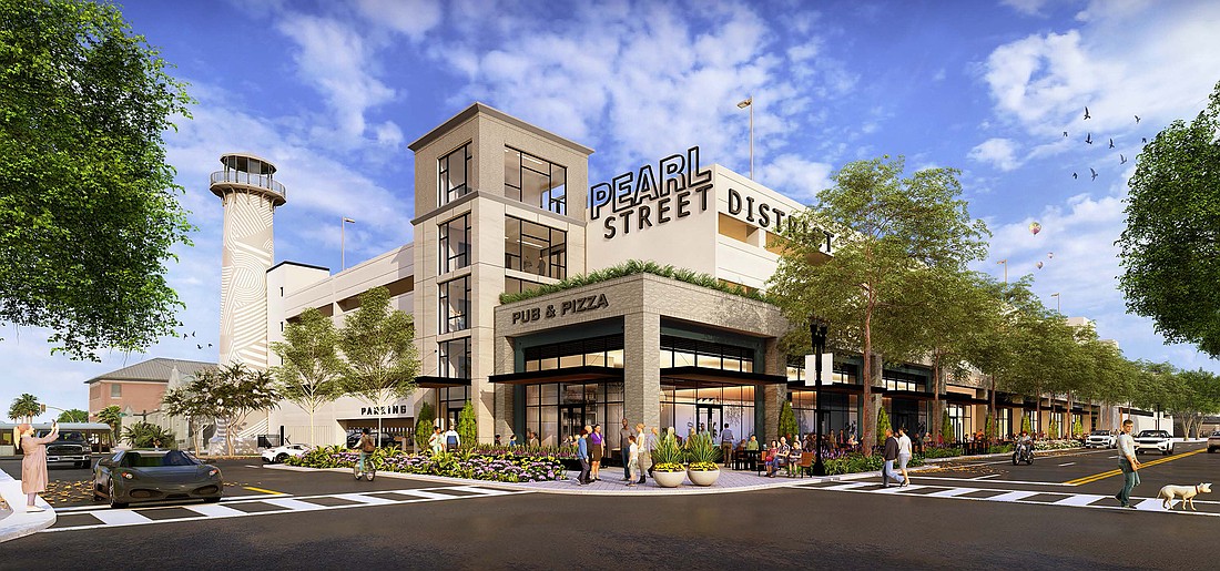 A rendering shows the renovated Gateway Jax “lighthouse” parking garage at 721 N. Pearl St.