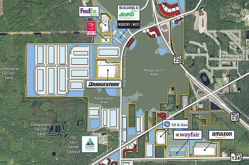 The site of the industrial facility that would use an average of up to 600,000 gallons of water a day is west of the Bridgestone Americas Tire Operations LLC distribution center, which is at 4950 POW-MIA Memorial Parkway. A group of warehouse buildings is shown there on this Hillwood map of the area. The site of the industrial facility that would use an average of up to 600,000 gallons of water a day is west of the Bridgestone Americas Tire Operations LLC distribution center, which is at 4950 POW-MIA Memorial Parkway. A group of warehouse buildings is shown there on this Hillwood map of the area.