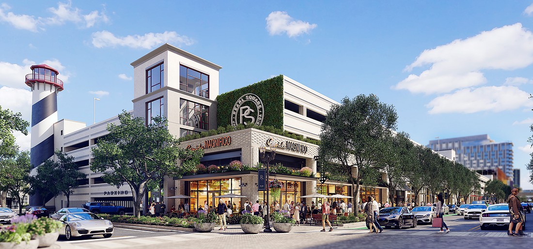A rendering shows the renovated Gateway Jax Block N5 “lighthouse” parking garage at 721 N. Pearl St.