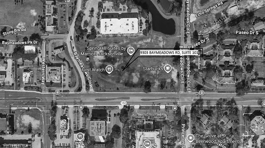 The CAVA restaurant site at 9303 Baymeadows Road, Unit 101, in front of the SpringHill Suites by Marriott Jacksonville Baymeadows.